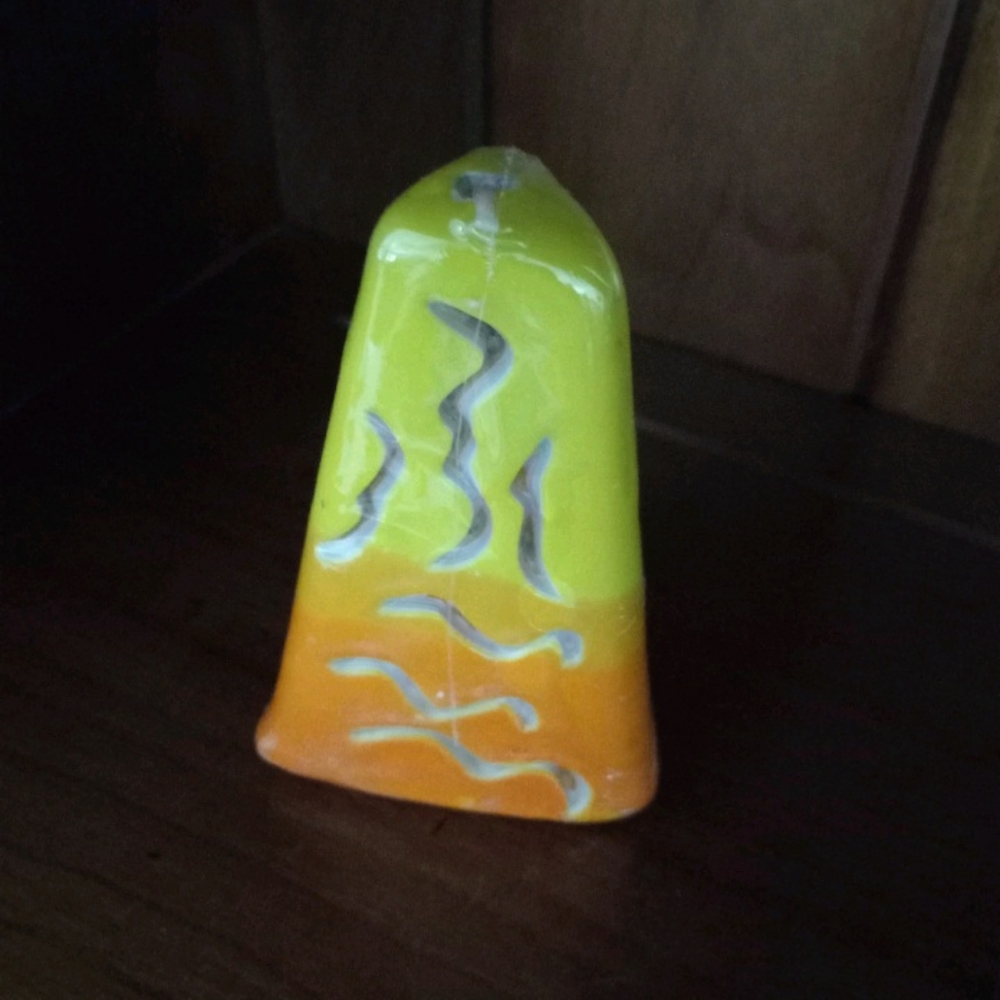 Yellow Orange Candy Corn Color Carved Wax Pyramid Fall Novelty Pillar Candle